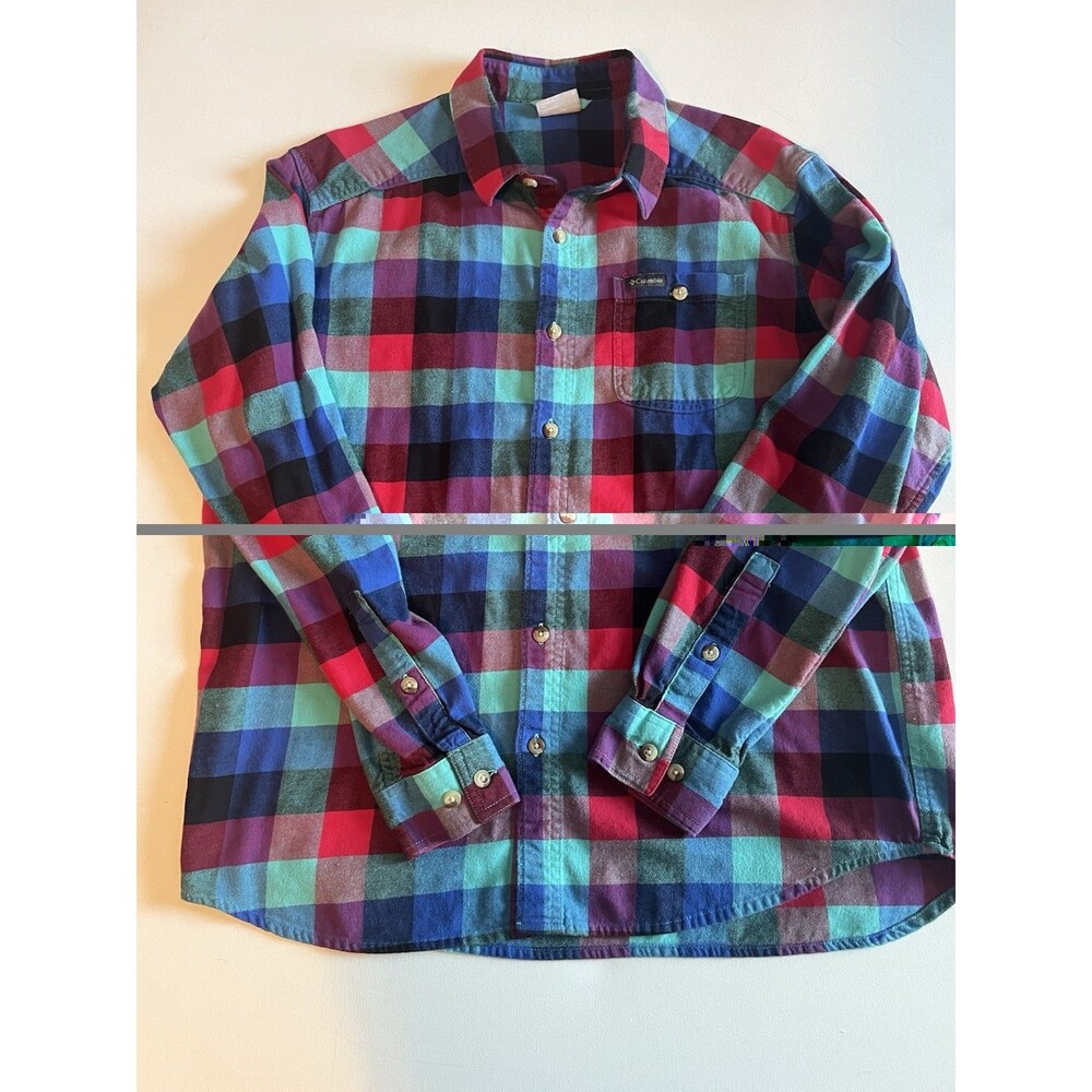 Columbia Cornell Woods Bright Aqua Buffalo Check Button Down Flannel Shirt L - Picture 2 of 12